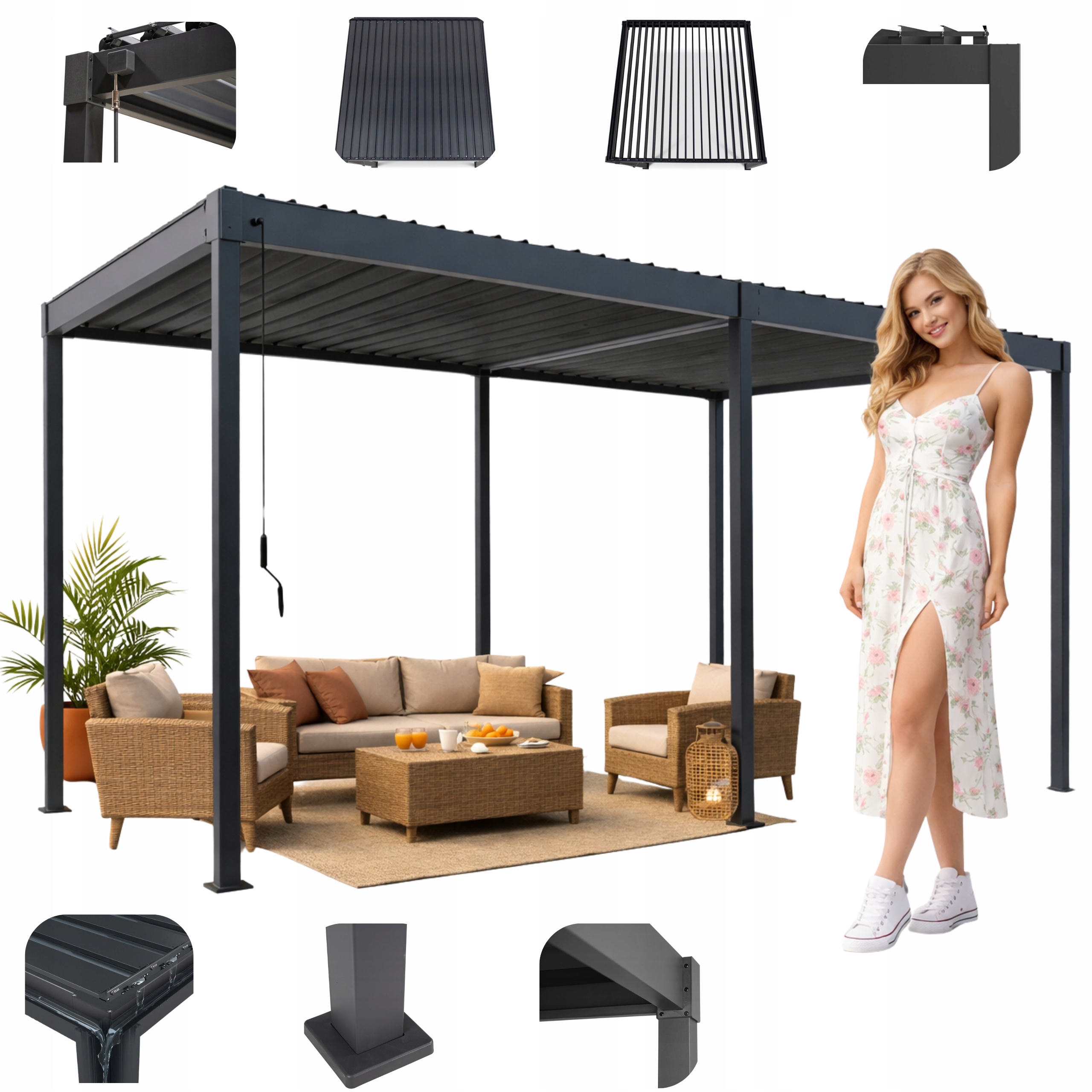 Pergola Tarasowa 3x5 m Antracyt zadaszenie regulowane lamele solidna SOLID